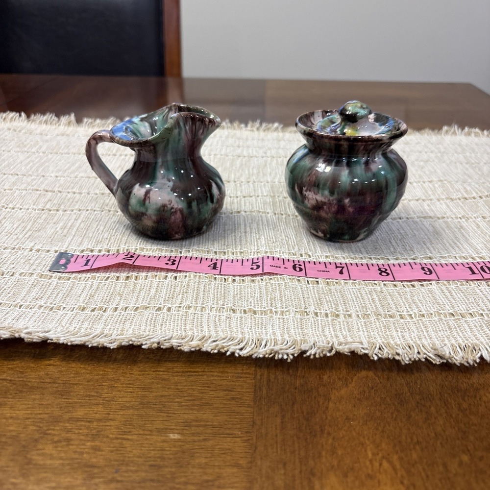 Vintage Skyline Drive Cream & Sugar Set Redwear Pottery Virgina Drip Glaze Blue